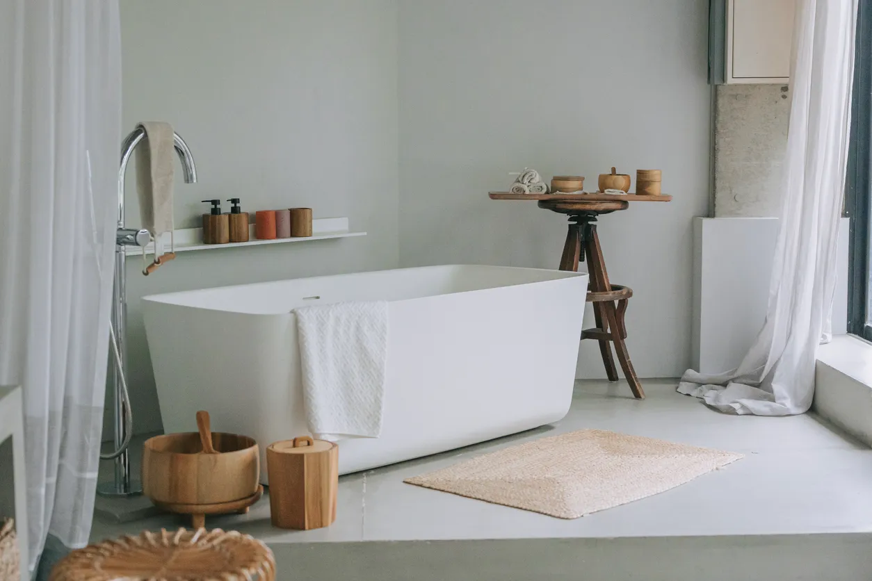 Freestanding tub with classic bathroom design in Ontario renovation